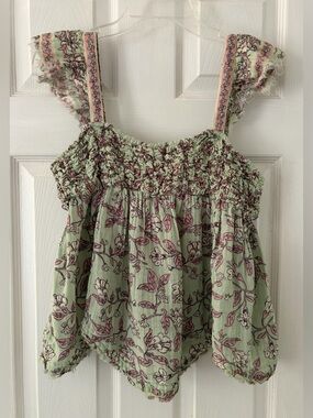 Free People Mint Green Floral Smocked Tank with Dusty Pink Print